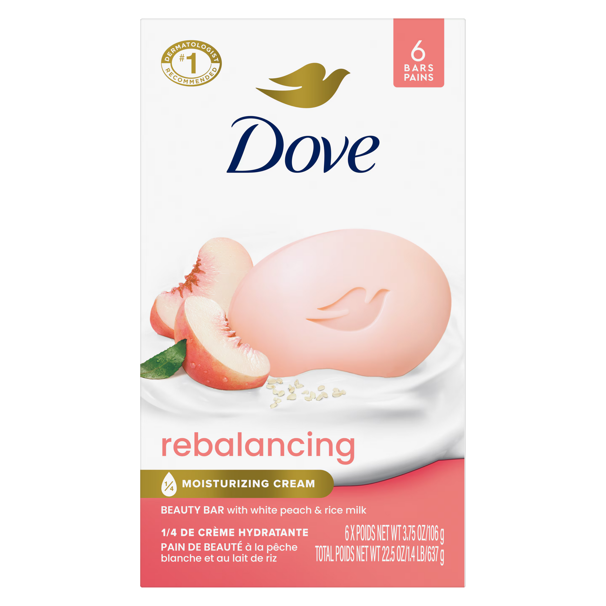 Dove rebalancing moisturizing cream packaging with peach illustration